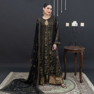 Black embroidered formal suit with gold detailing and sheer dupatta